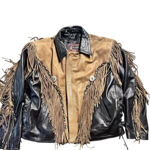 Vintage 90s JR Leather Motorcycle Jacket Biker Western Fringe Two Tone Mens 50